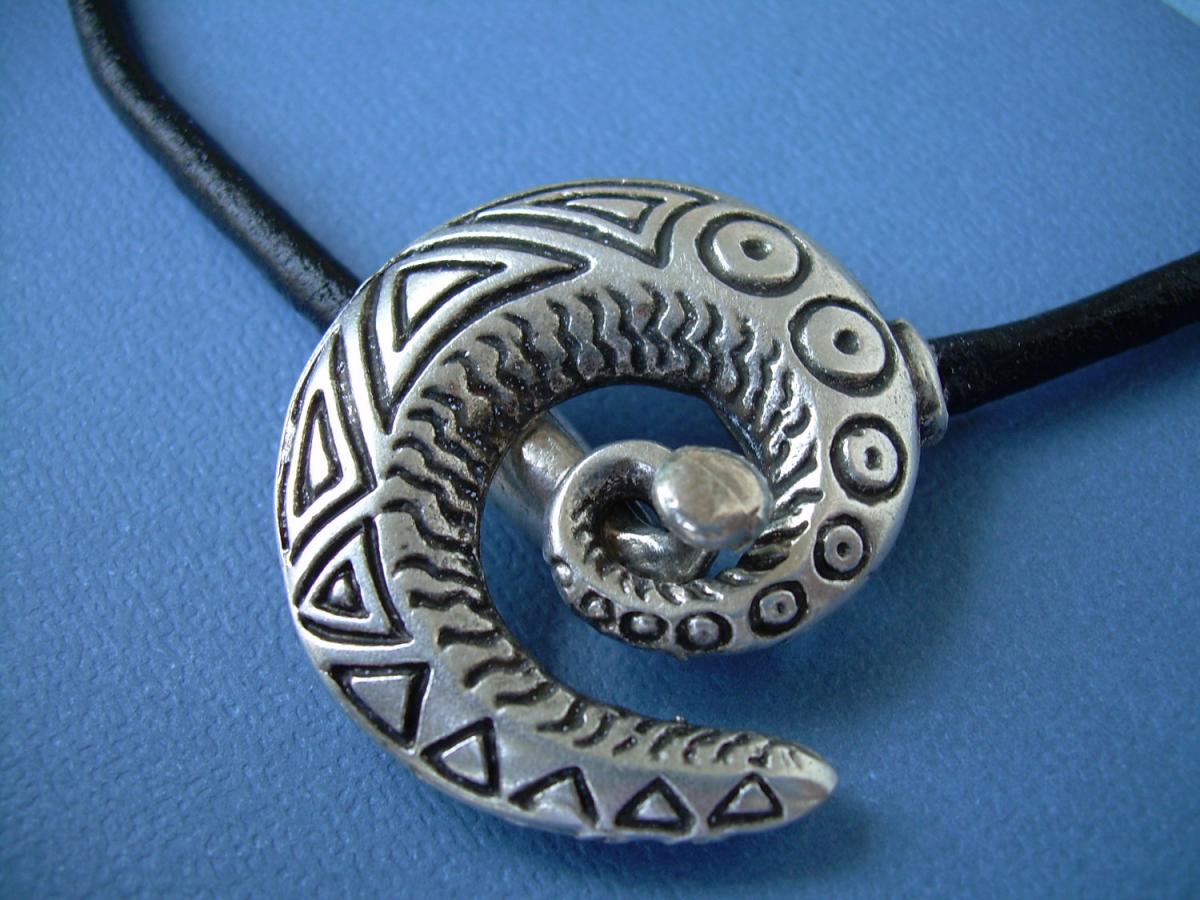 Leather Necklace Men's Women's Unisex -silver / Black -tribal Inspired Spiral Pendant Closure