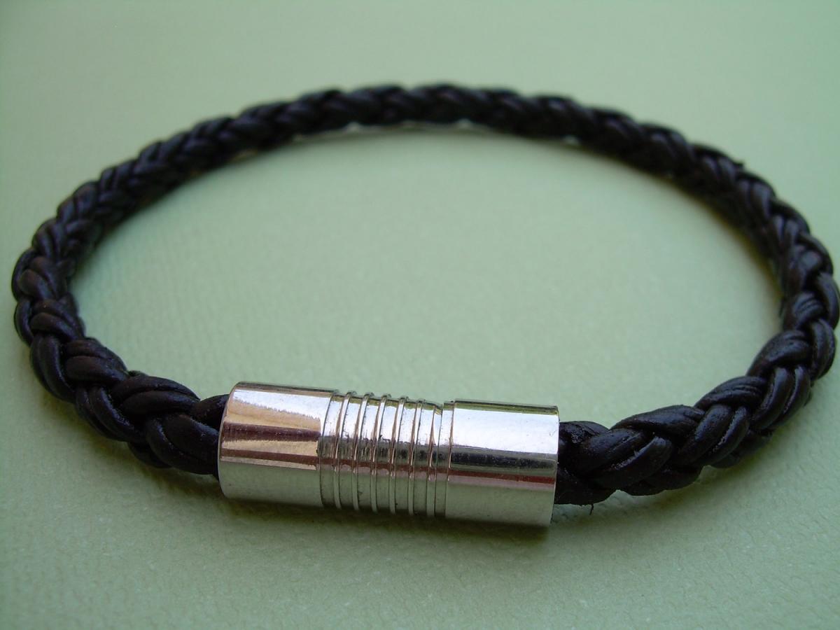 Natural Black Braided Mens Leather Bracelet With Stainless Steel Magnetic Clasp