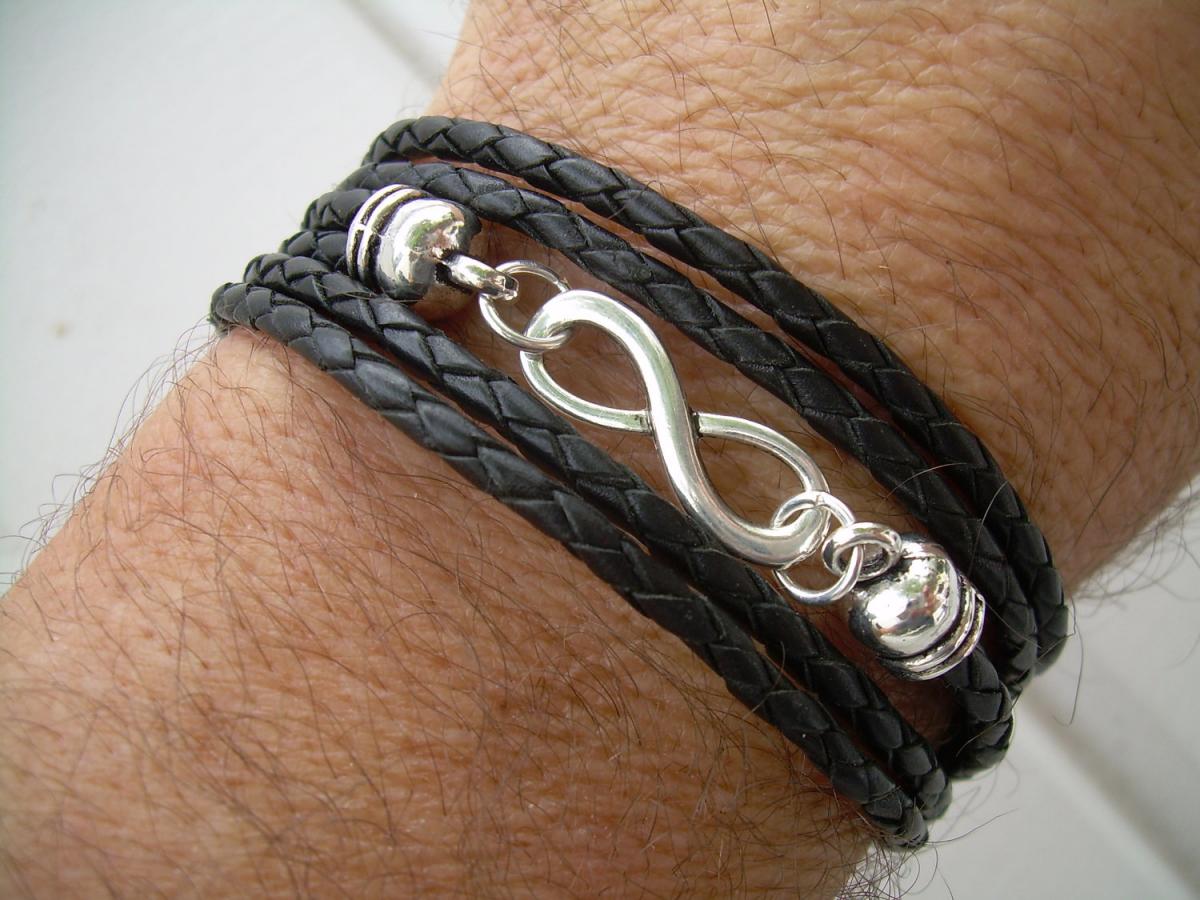 Black Braided Leather Bracelet, Infinity Bracelet, Triple Wrap Black Braid