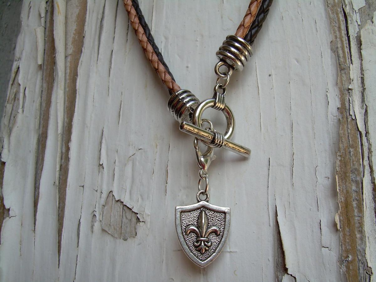 Mens Leather Necklace - Double Strand Silver /brown Braid- Natural Braid With Lobster Clasp Pendant