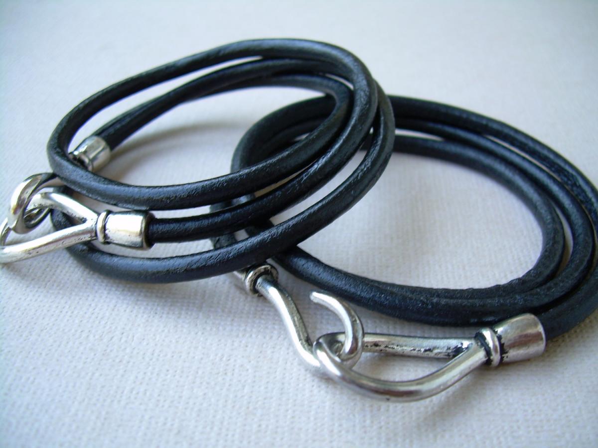 His And Her Triple Wrap Black Leather Bracelets Set Of Two - No Charge