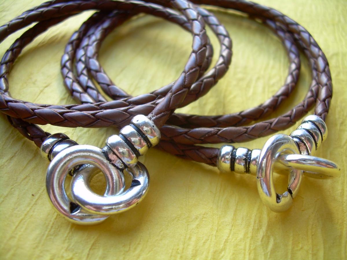 His And Hers Set Of Infinity Bracelets, Leather Bracelet, Triple Wrap, Interlocking Clasp, Mens, Womens, Saddle Braid ,