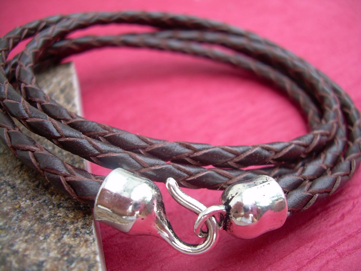 Leather Bracelet , Brown Braided, Double Strand, Double Wrap, With Hook Clasp, Mens, Womens