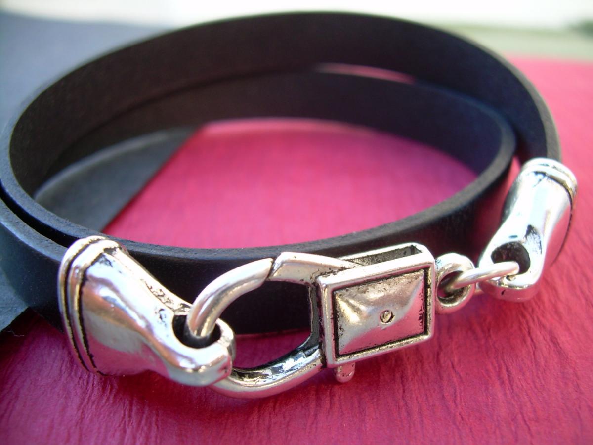 Flat Leather Bracelet, Black, Double Wrap, Mens, Womens , Unisex