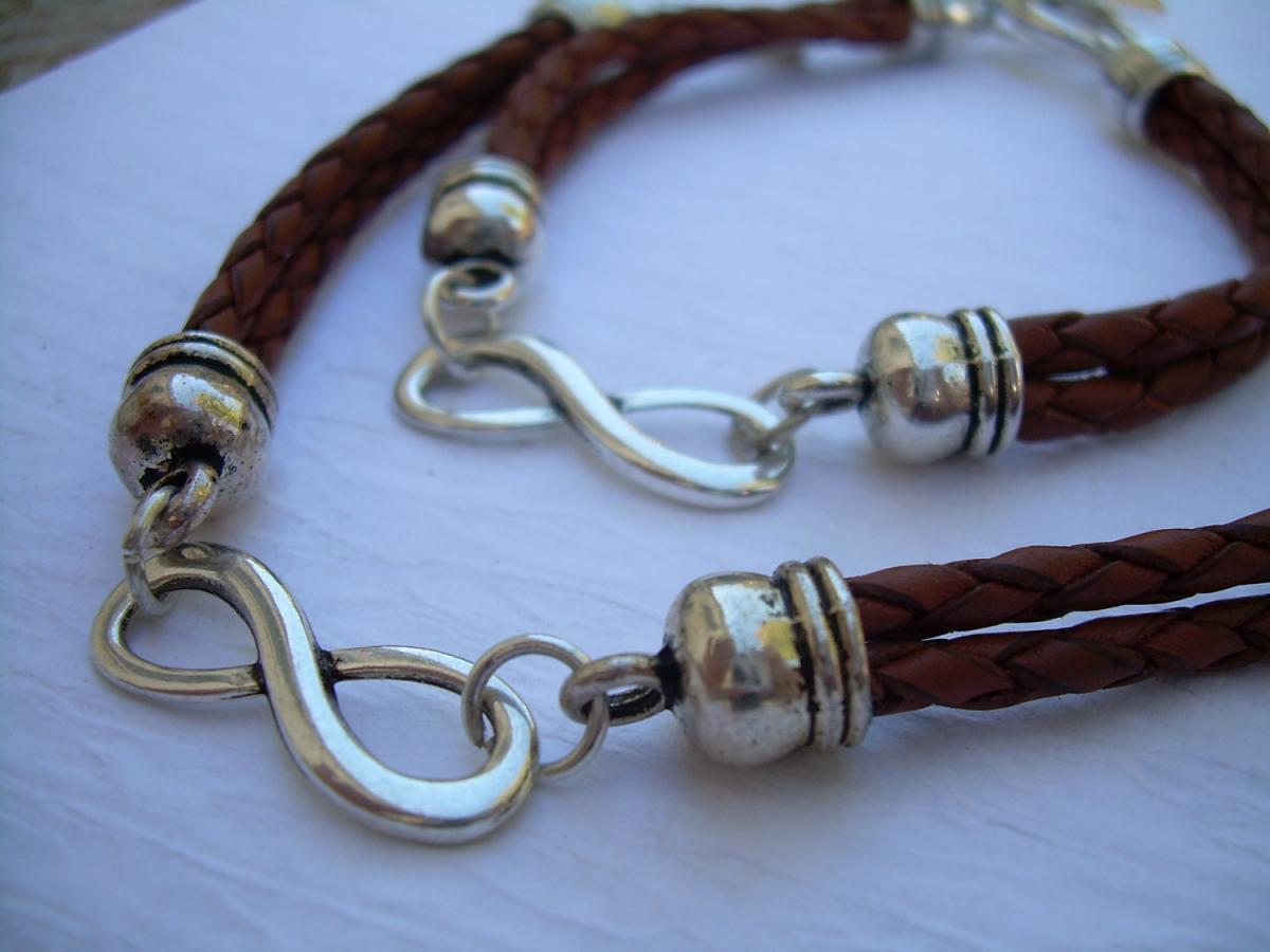 His And Hers Set Of Infinity Bracelets, Leather Bracelet, Mens, Womens, Saddle Braided, No Charges