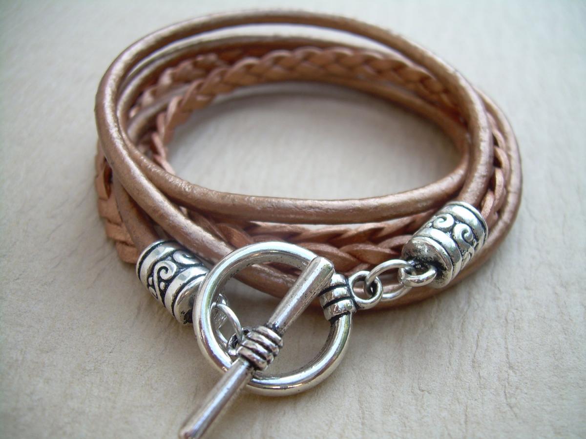 Womens Triple Wrap Leather Bracelet With Toggle Clasp - Metallic Bronze
