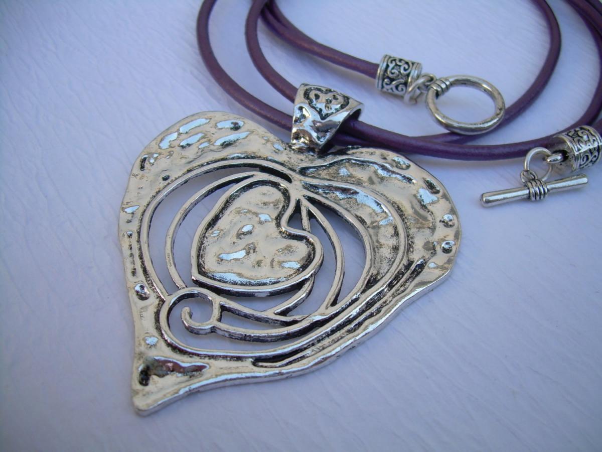 Leather Necklace, Heart Pendant ,valentine's Day, Purple