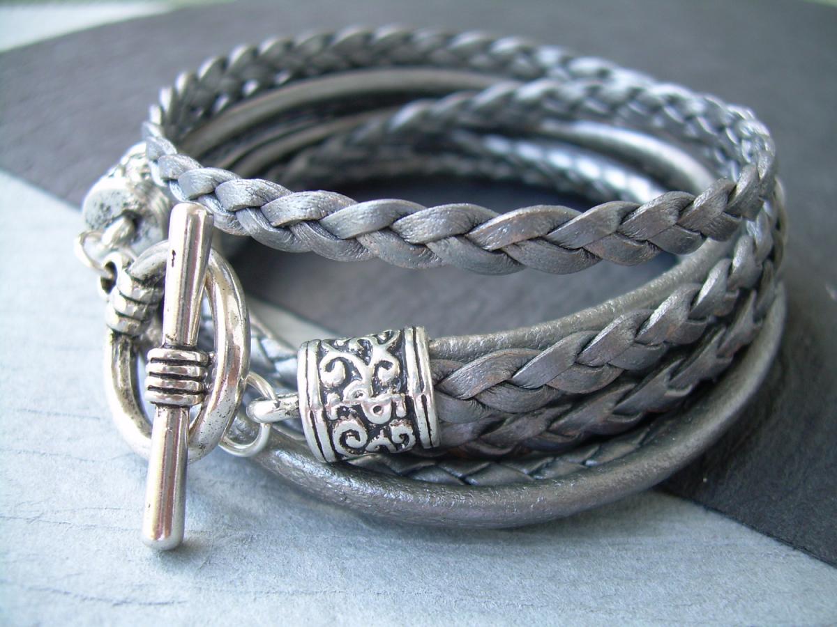 Womens Leather Bracelet , Metallic Gray-silver, Triple Wrap