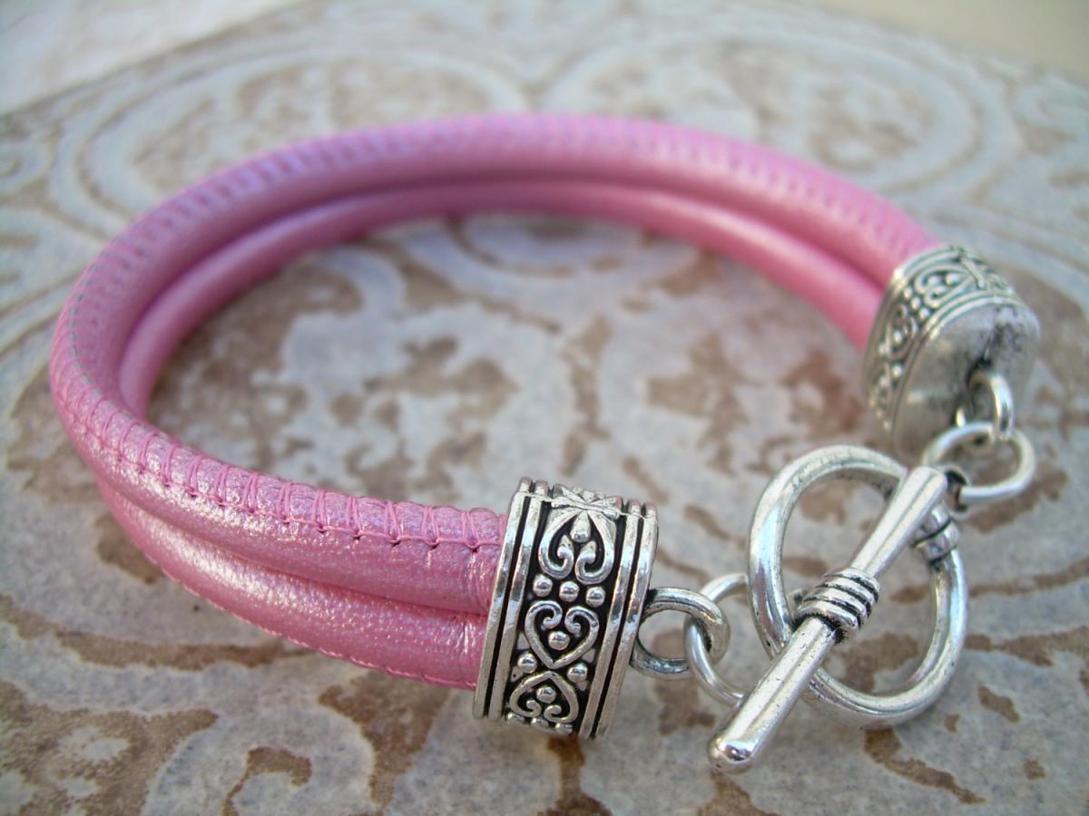 Leather Bracelet, Womens, Metallic Pink, Double Strand Stitched Nappa Leather
