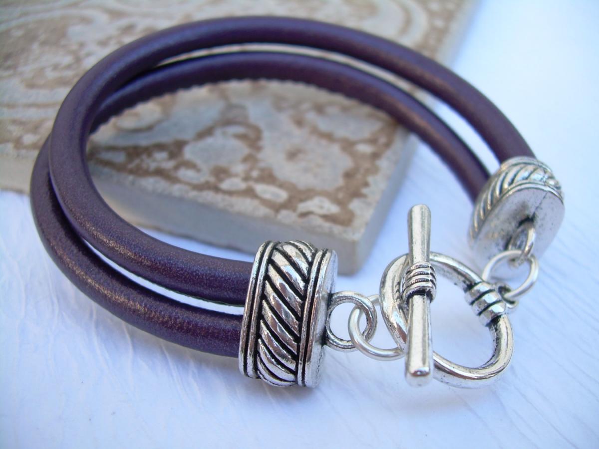Leather Bracelet, Womens, Metallic Purple, Double Strand Stitched Nappa Leather