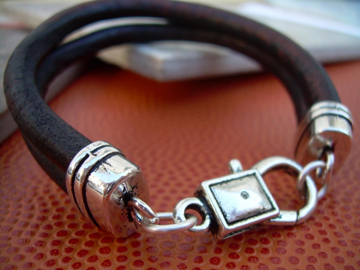 Mens Leather Bracelet , Antique Brown Leather Cord, Lobster Clasp Closure