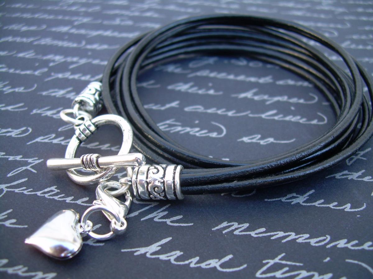 Womens Leather Bracelet, Four Strands, Double Wrap, With Puff Heart Lobster Clasp Charm