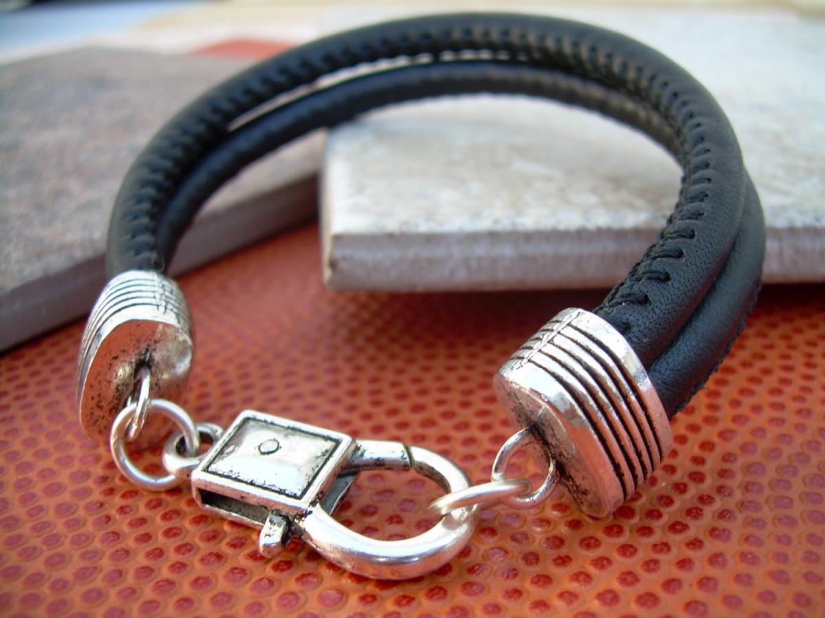 Leather Bracelet , Black Stitched Nappa Leather Cord, Lobster Clasp Closure
