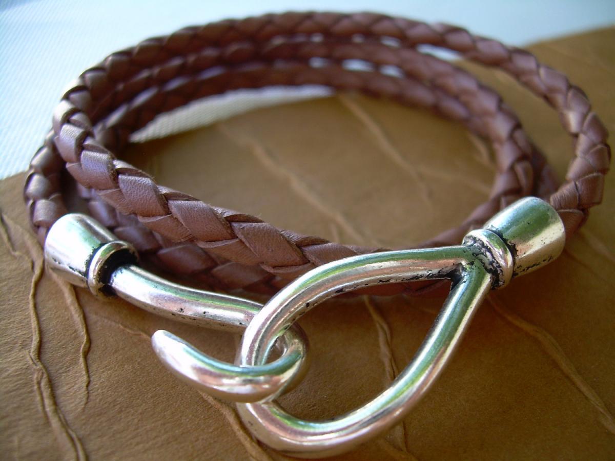 Mens Womens Unisex Leather Bracelet Triple Wrap- Saddle Braid Hook Closure Clasp Tsb20 Urban Survival Gear Usa
