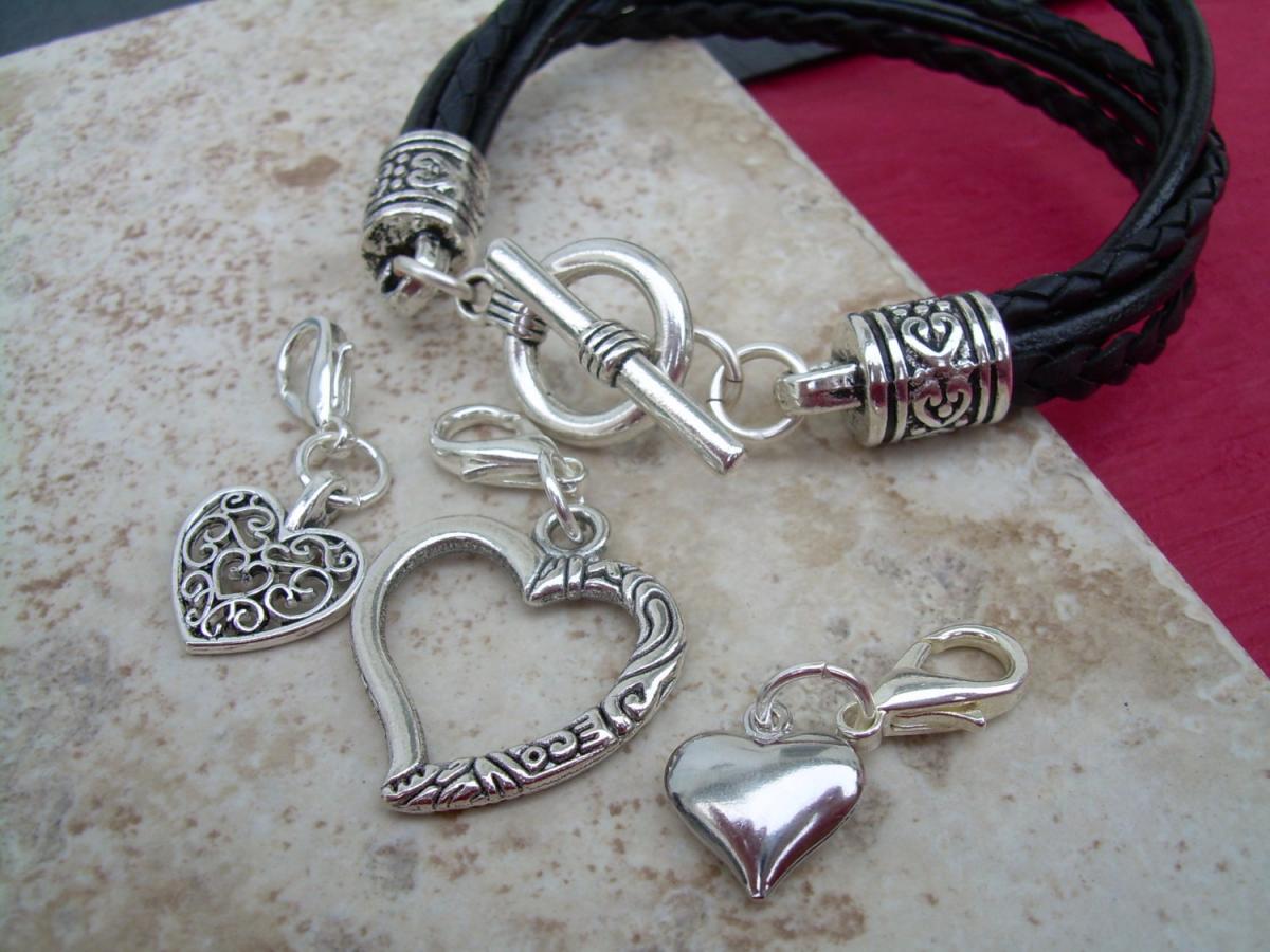 Leather Bracelet With Three Lobster Clasp Heart Charms In Black, Mothers Day Gift, Womens Bracelet, Womens Jewelry