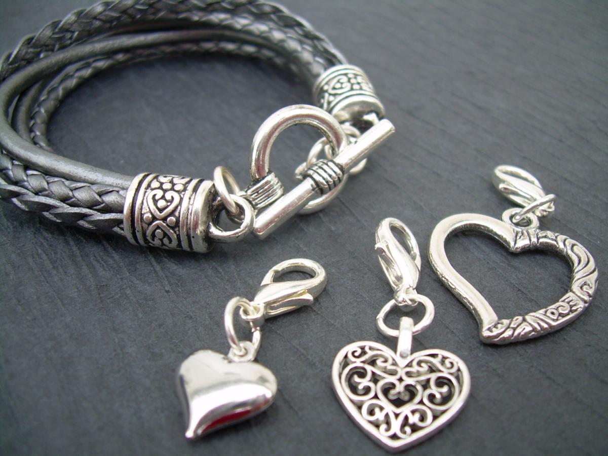 Womens Leather Bracelet, Leather Bracelet, Bracelet, With Three Lobster Clasp Heart Charms In Metallic Silver/gray