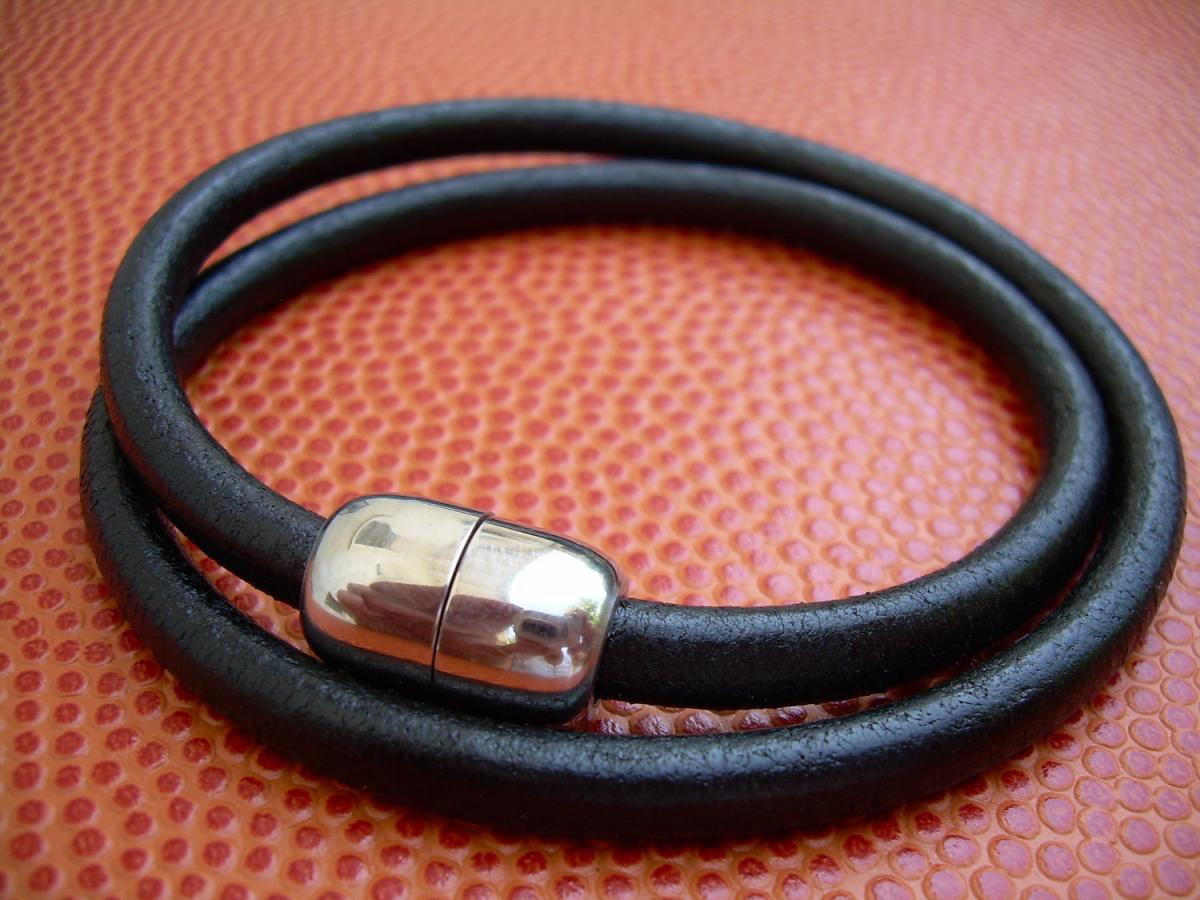 Mens Leather Bracelet - Double Wrap - Black - With Stainless Steel Magnetic Clasp