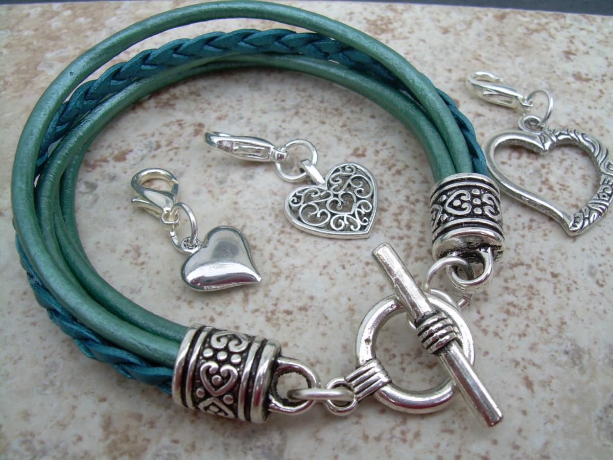 Leather Bracelet With Three Lobster Clasp Heart Charms In Metallic Teal, Womens Jewelry, Womens Gift, Womens Bracelet