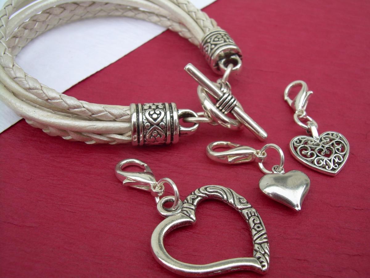 Womens Leather Bracelet With Three Lobster Clasp Heart Charms In