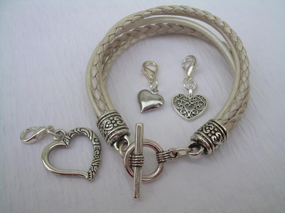 Womens Leather Bracelet With Three Lobster Clasp Heart Charms In