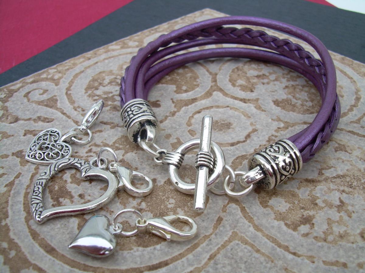 Leather Bracelet With Three Lobster Clasp Heart Charms In Metallic Berry/purple, Womens Bracelet, Womens Gift, Womens Jewelry