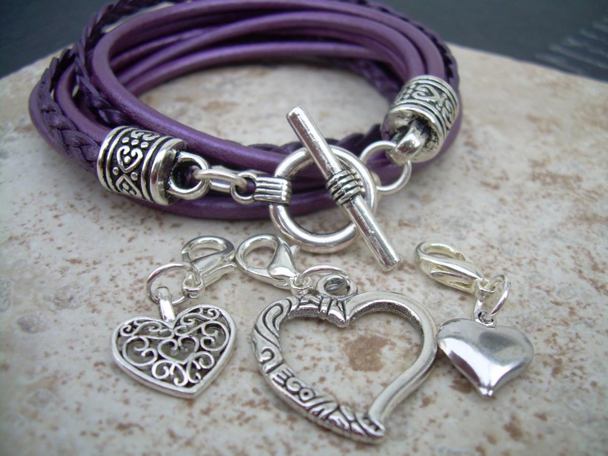 Womens Leather Bracelet, Five Strand, Double Wrap, Metallic Berry / Purple With Three Heart Charms