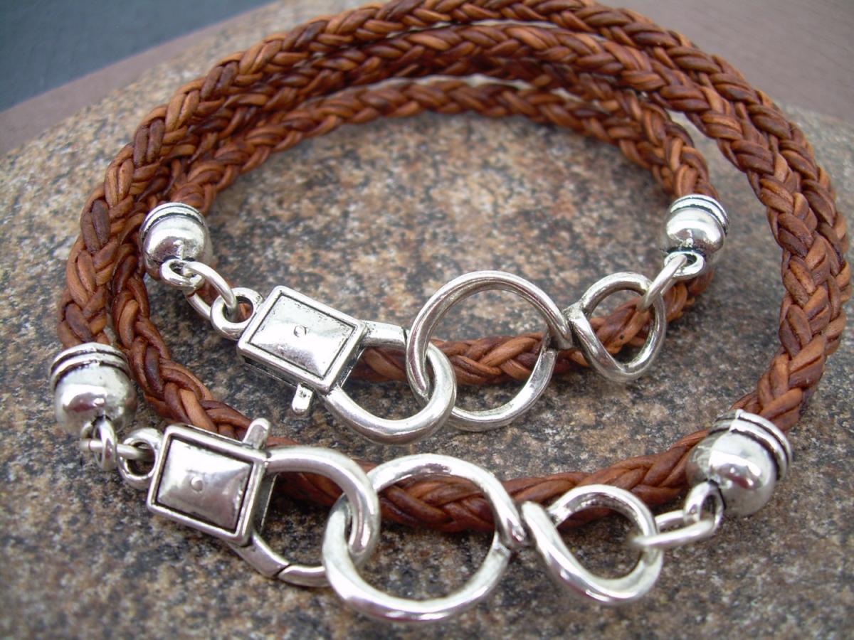 His And Hers Set Of Infinity Bracelets, Leather Bracelet, Mens, Womens, Natural Light Brown Braided