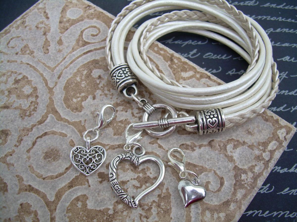 Womens Leather Bracelet, Five Strand, Double Wrap, Metallic Pearl With Three Heart Charms