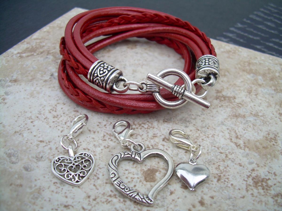 Womens Leather Bracelet, Five Strand, Double Wrap, Metallic Red With Three Heart Charms