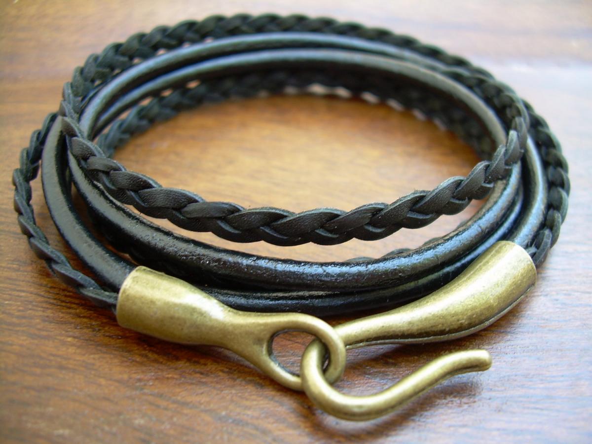 Leather Bracelet , Unisex, Mens, Womens, Triple Wrap, Black, Antique Bronze, Hook Clasp