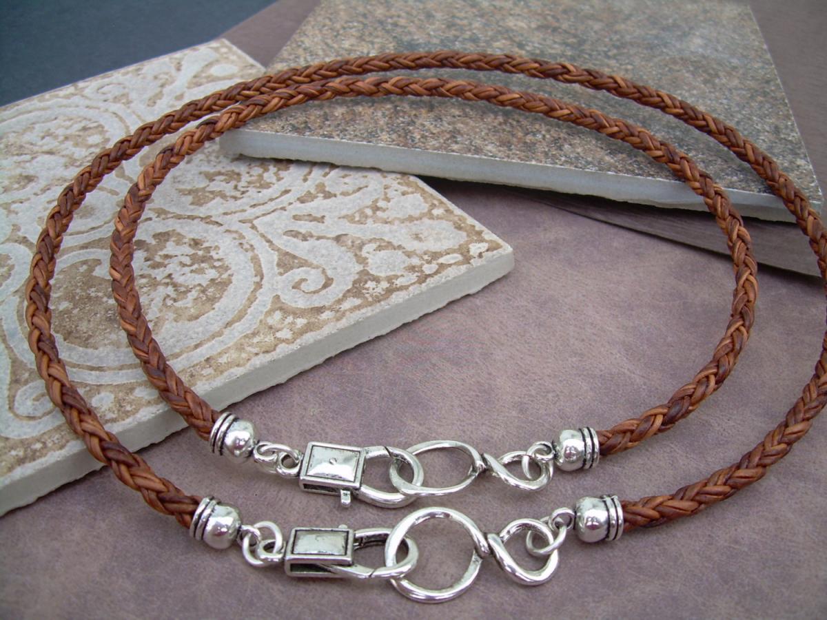 His And Hers Set Of Infinity Necklaces, Leather Necklace, Mens, Womens, Natural Light Brown Braided