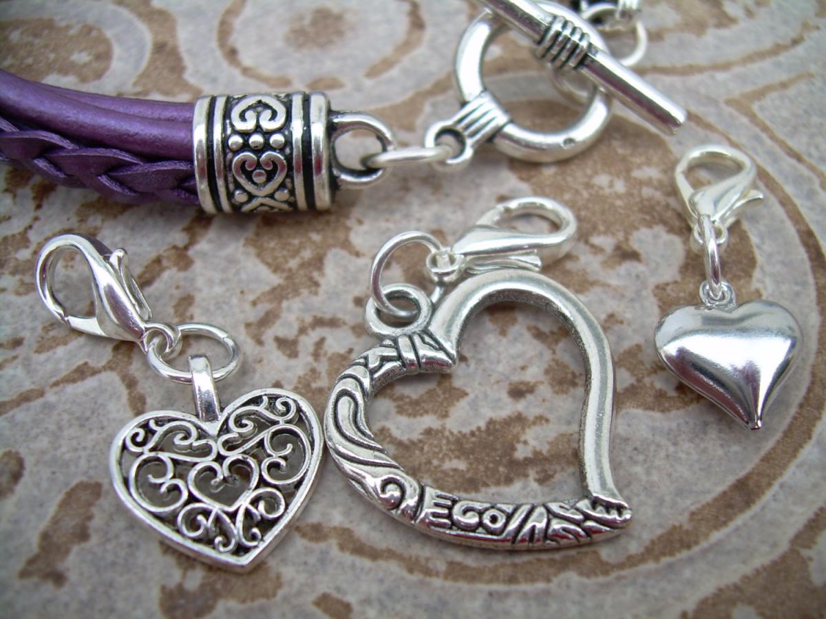Womens Leather Bracelet With Three Lobster Clasp Heart Charms In