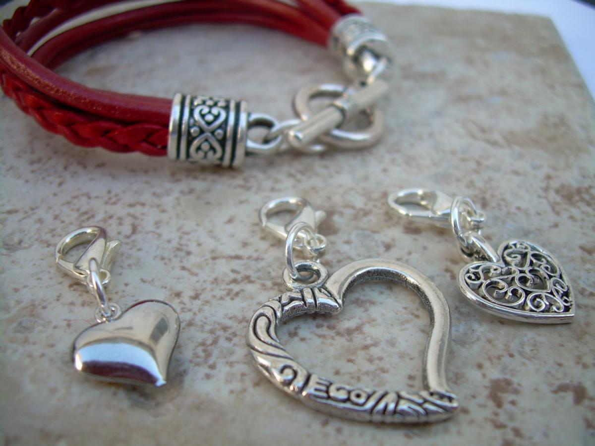 Womens Leather Bracelet With Three Lobster Clasp Heart Charms In