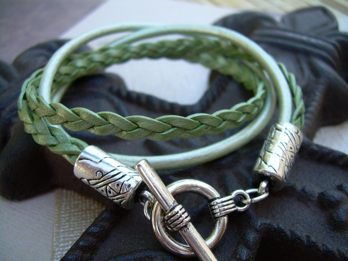Double Strand Double Wrap Metallic Green Leather Bracelet Urban Survival Gear Usa Tsb08dw