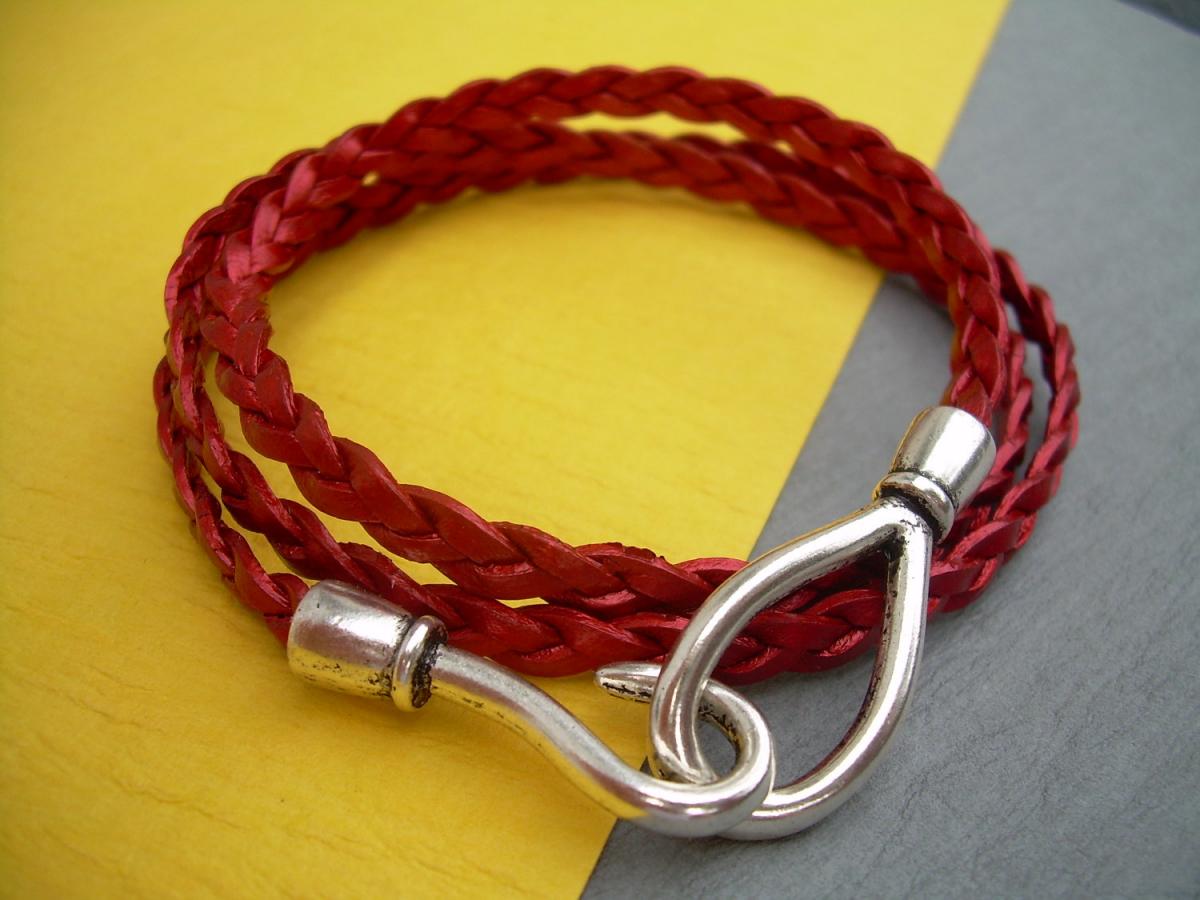 Womens Leather Bracelet, Triple Wrap, Metallic Red, Flat Braided, Hook Closure Clasp Tsb20 Urban Survival Gear Usa