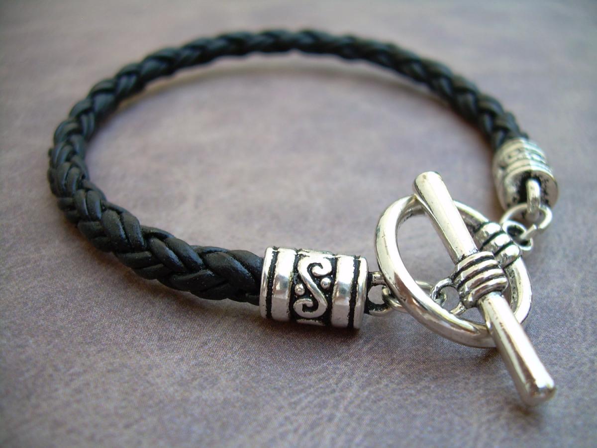 Natural Black Braided Leather Bracelet With Toggle Clasp - Urban Survival Gear Usa Tsb05t