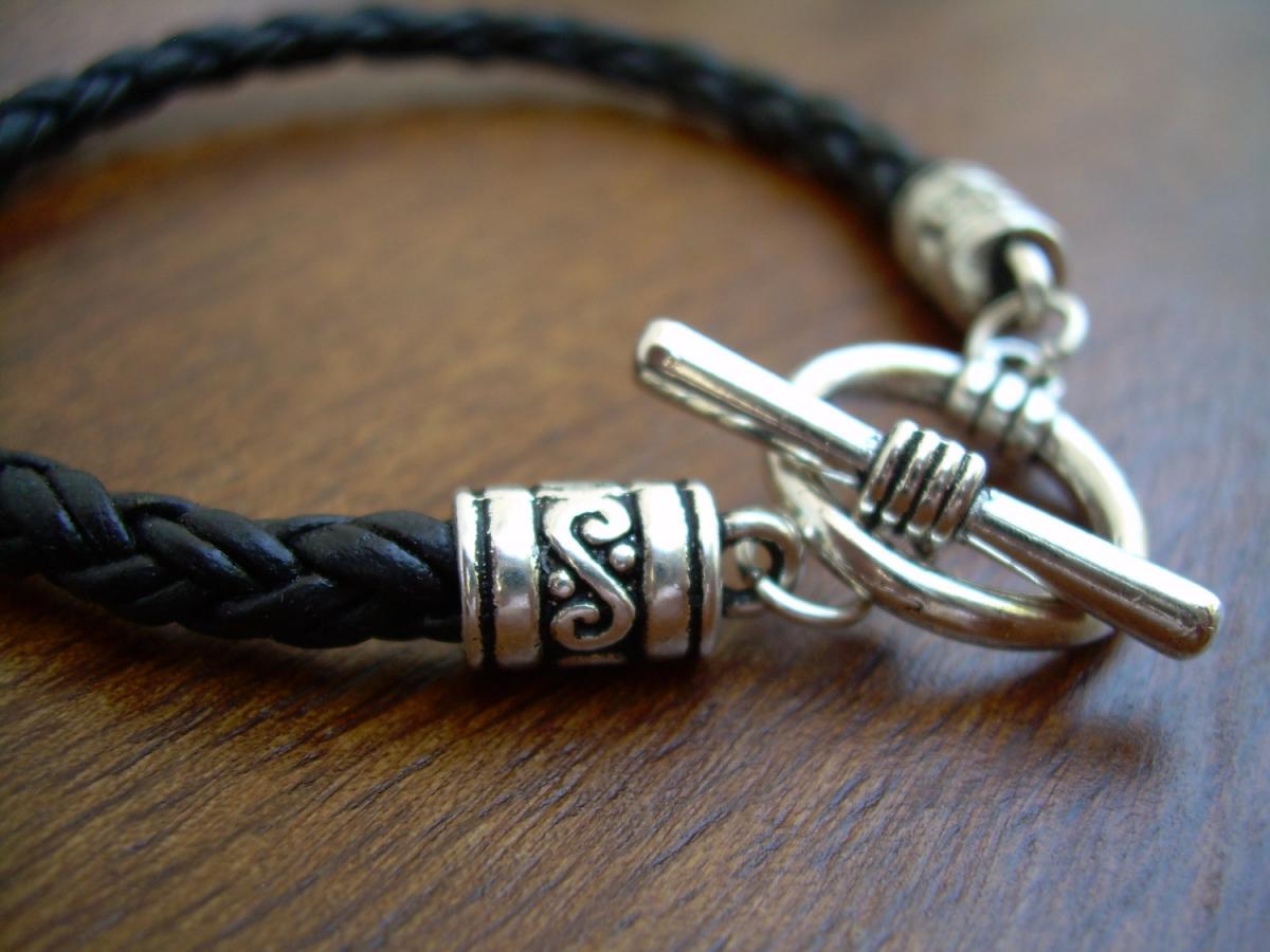 Natural Black Braided Leather Bracelet With Toggle Clasp - Urban ...