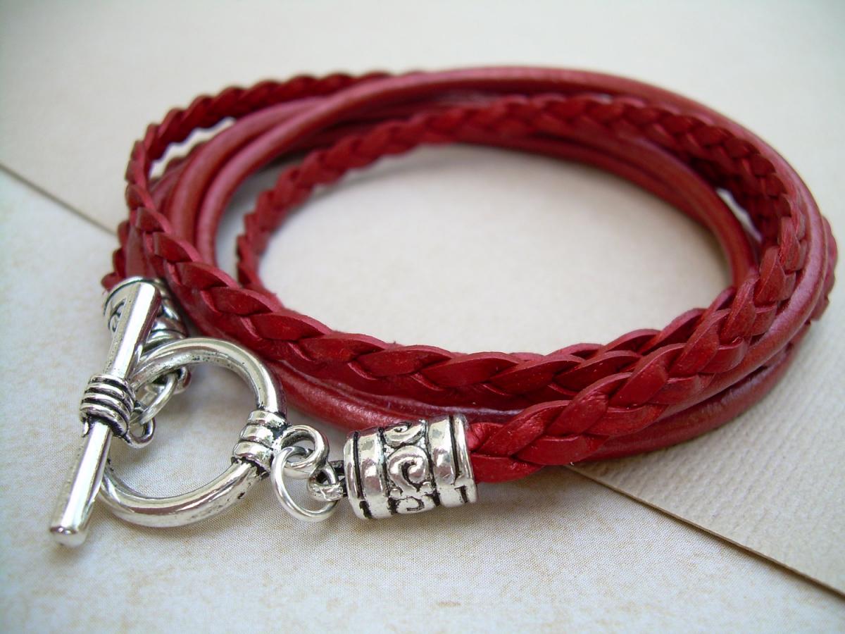 Womens Triple Wrap Leather Bracelet With Toggle Clasp - Metallic Red