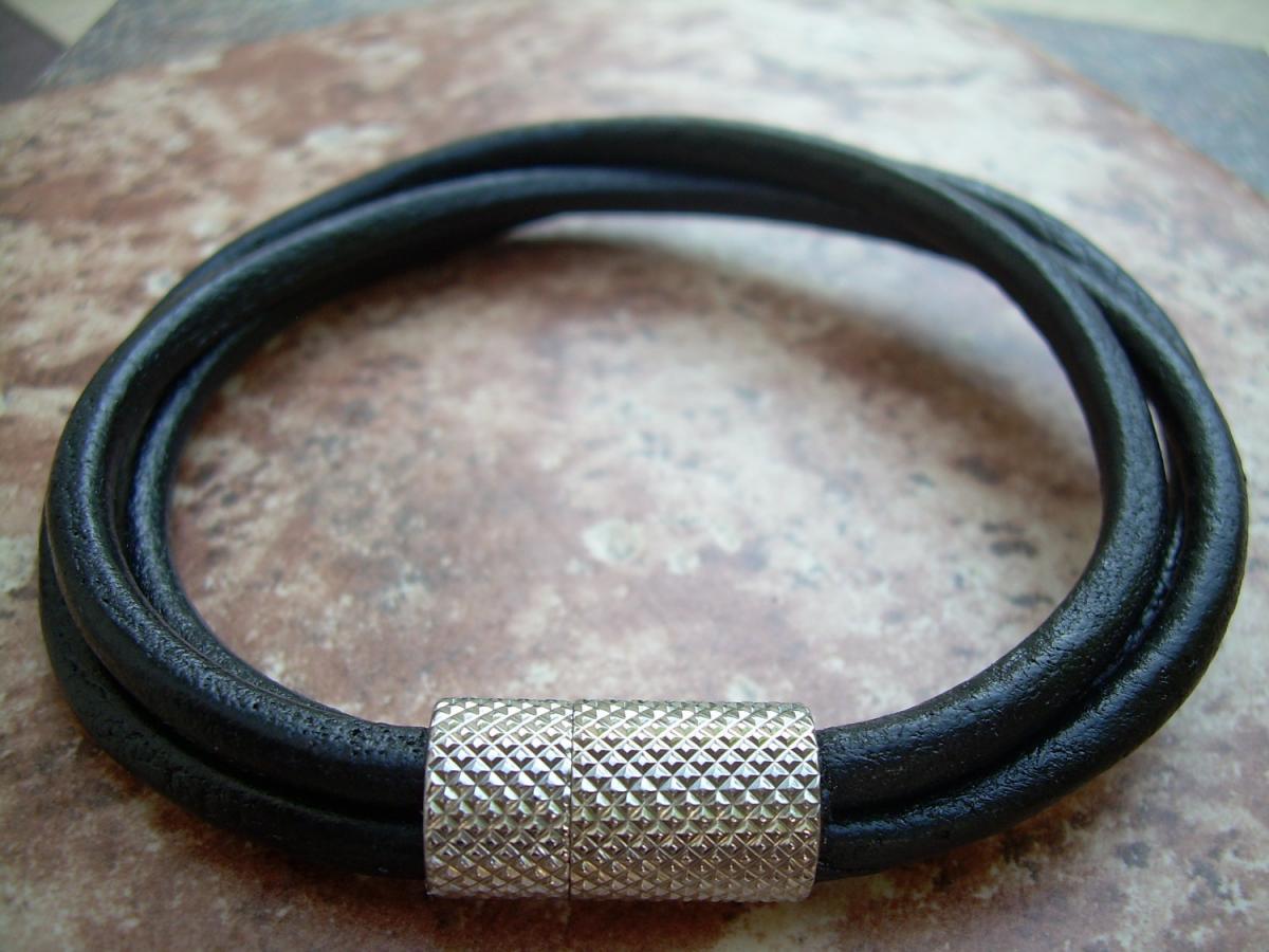 Mens Black Leather Bracelet, Triple Strand, Stainless Steel Magnetic Clasp