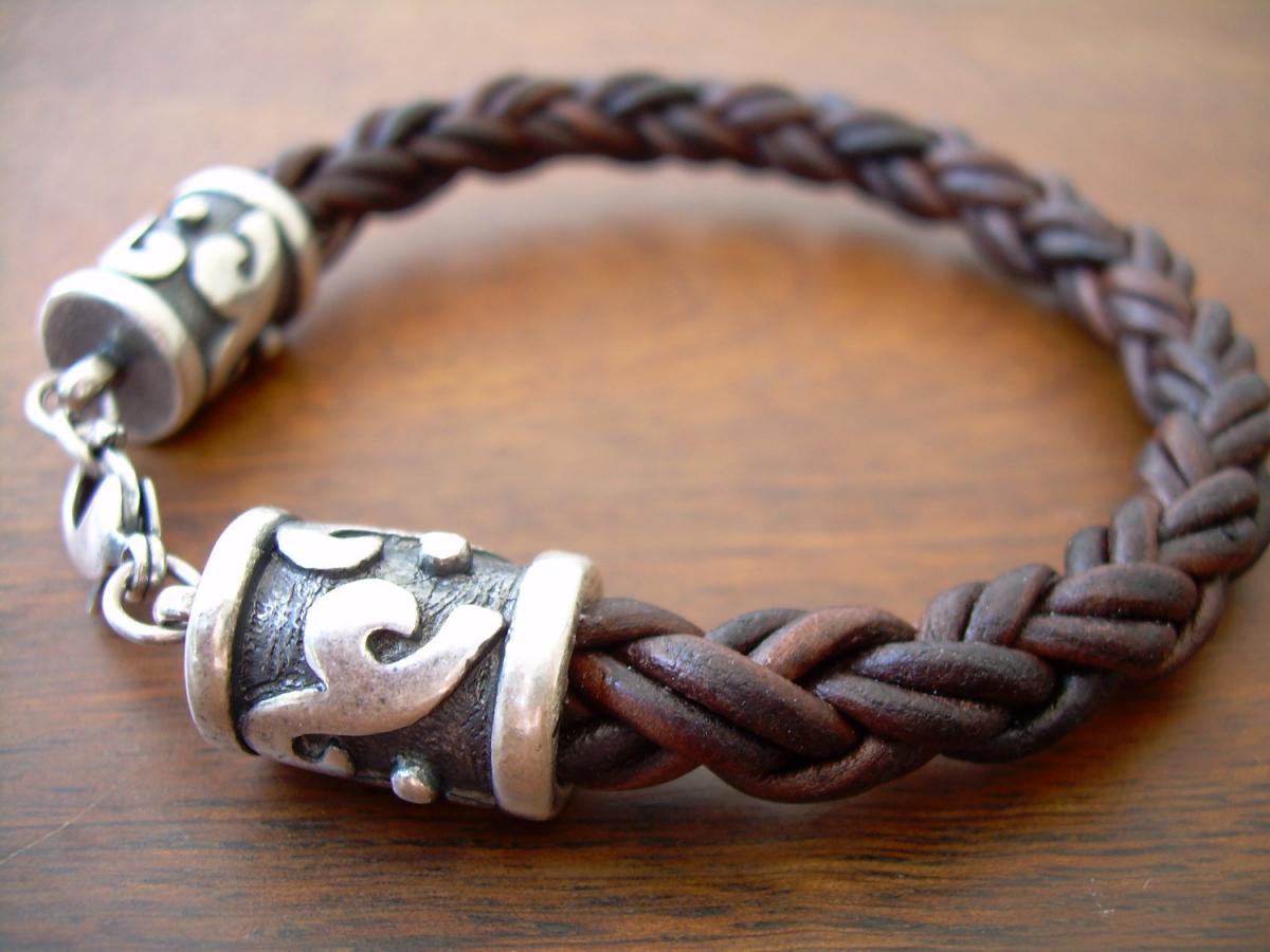 Mens Leather Bracelet With Rhodium Plate Caps And Clasp - Natural Antique Brown