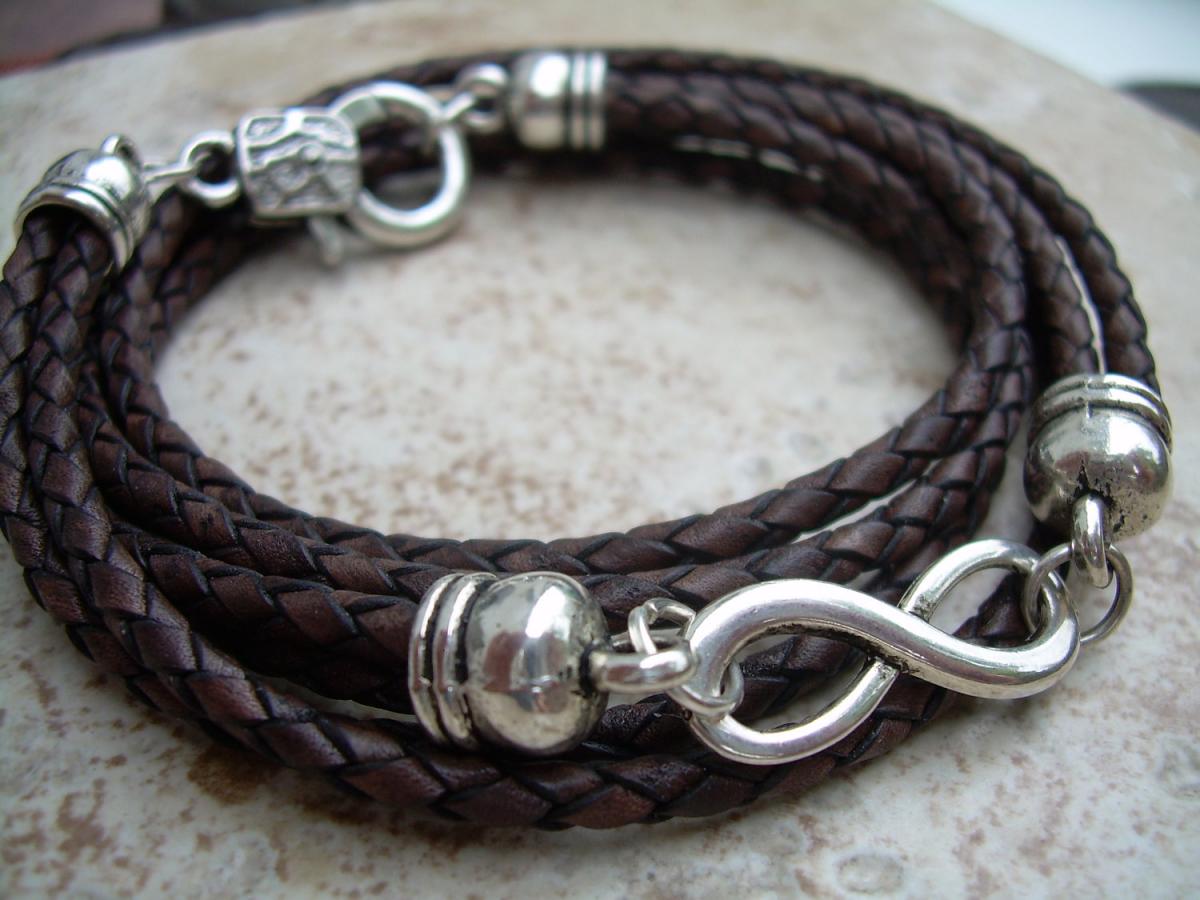 Leather Bracelet, Infinity Bracelet, Triple Wrap, Antique Brown Braided, Mens Bracelet, Womens Bracelet, Mens Jewelry, Womens Jewelry