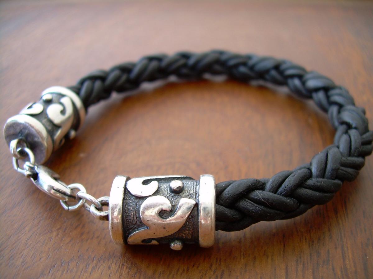 Mens Leather Bracelet With Rhodium Plate Caps And Clasp, Black Braided ...