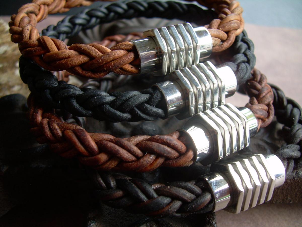 Mens Thick Braided Leather Bracelet With A Large Stainless Steel Magnetic Clasp, Fathers Day Gift, Mens Bracelet, Mens Jewelry, Groomsmen