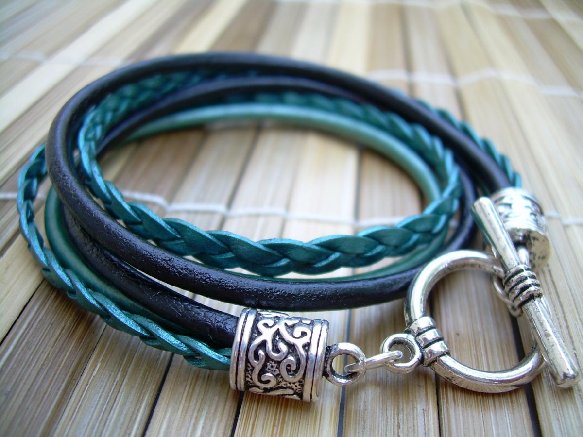 Womens Leather Bracelet , Toggle Closure, Metallic Teal And Black, Double Wrap, Womens Bracelet, Womens Jewelry
