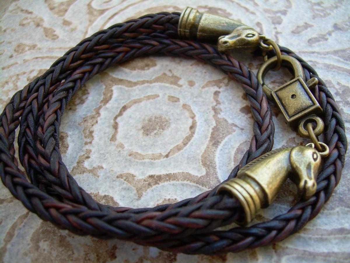 Leather Bracelet, Horse Bracelet, Equine, Equestrian, Triple Wrap, Antique Brown Braided, Mens Bracelet, Womens Bracelet, Jewelry