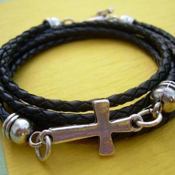 Black Braided Leather Bracelet, Cross Bracelet, Toggle Closure, Triple ...