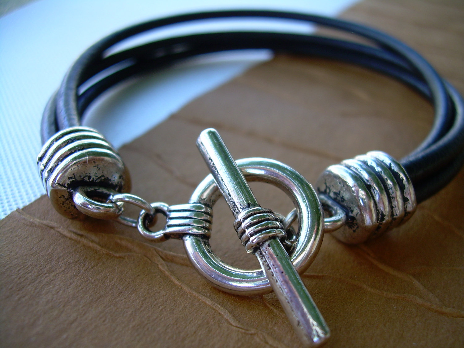 Men's Leather Bracelet Toggle Closure Triple Strand Black Urban