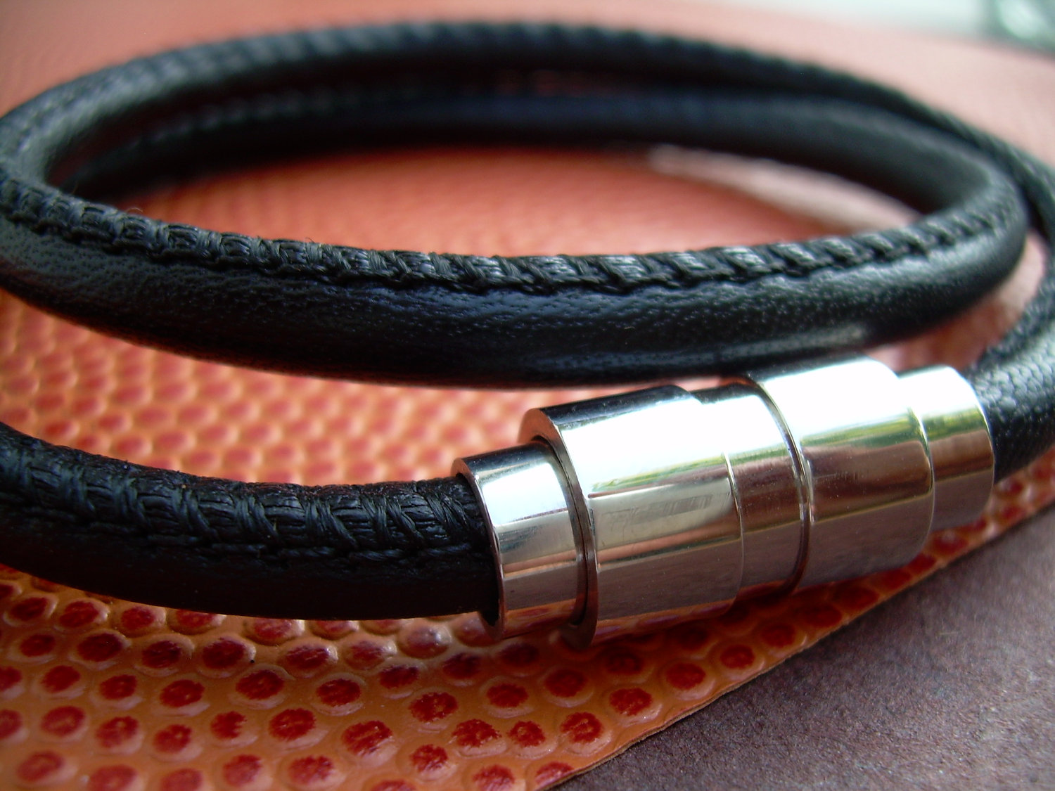 Premium Stitched Nappa Leather Double Wrap Mens Leather Bracelet With