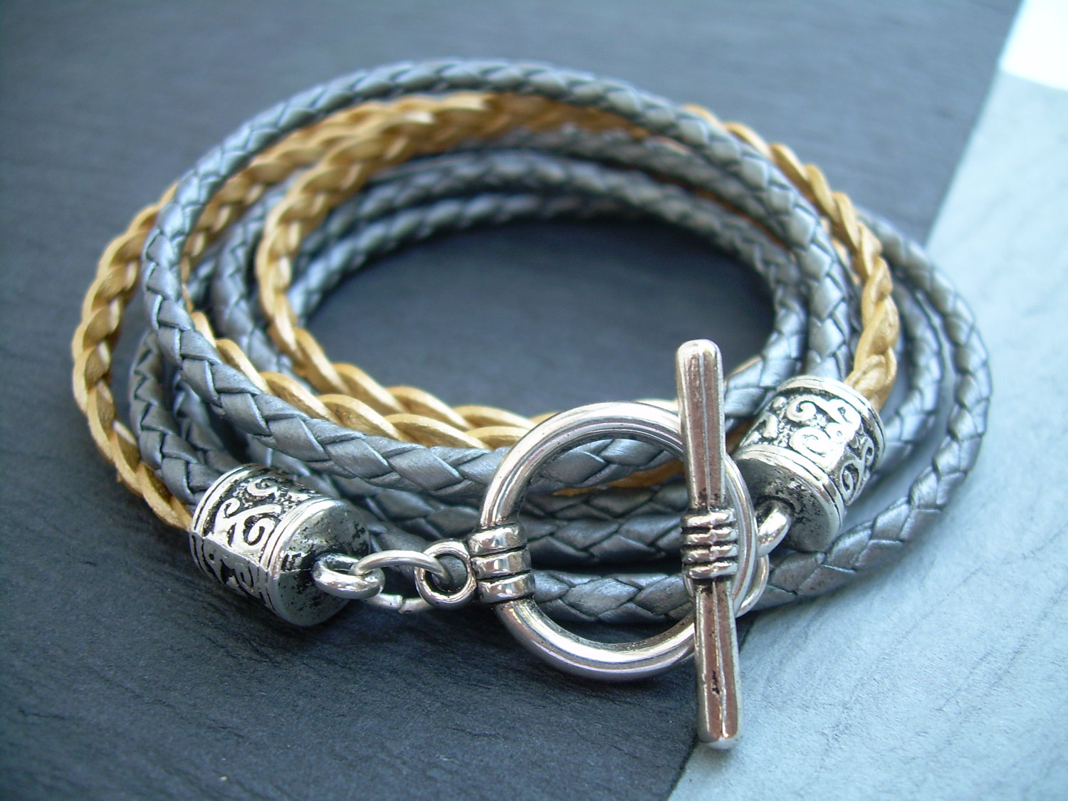 Womens Leather Bracelet Metallic Gray Silver And Gold Triple Wrap On