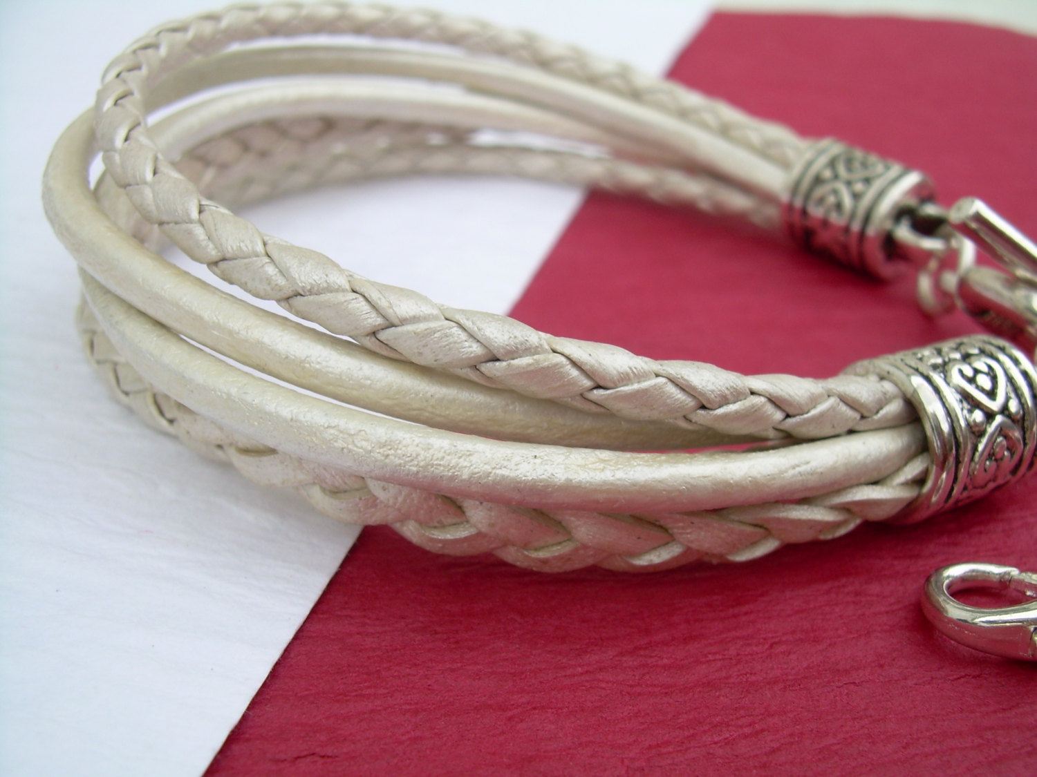 Womens Leather Bracelet With Three Lobster Clasp Heart Charms In